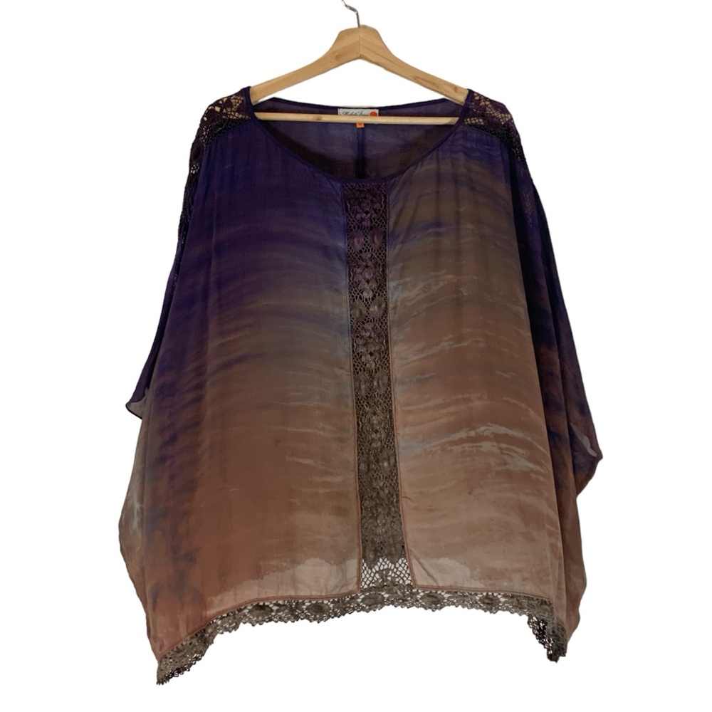 Michelle Jonas Travel Wear Tie Dye 100% Silk Chiffon with Crochet Medium Blouse